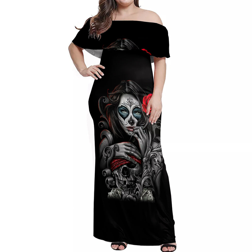 Skull Off Shoulder Maxi Dress Skull Girl Spoiled Wife - Wonder Print Shop