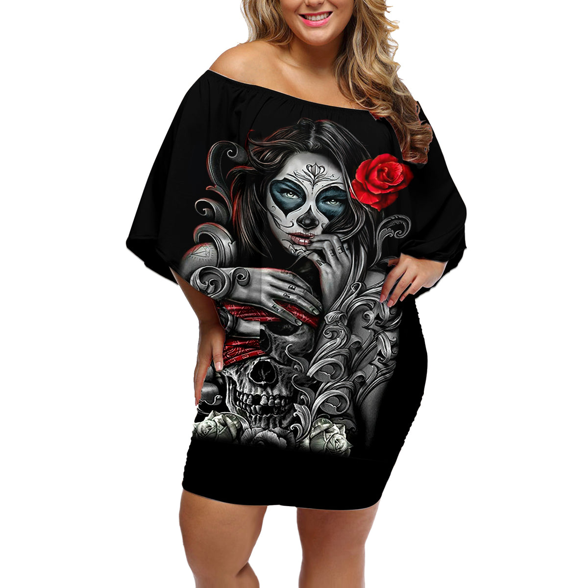 Skull Off Shoulder Short Dress Skull Girl Spoiled Wife - Wonder Print Shop