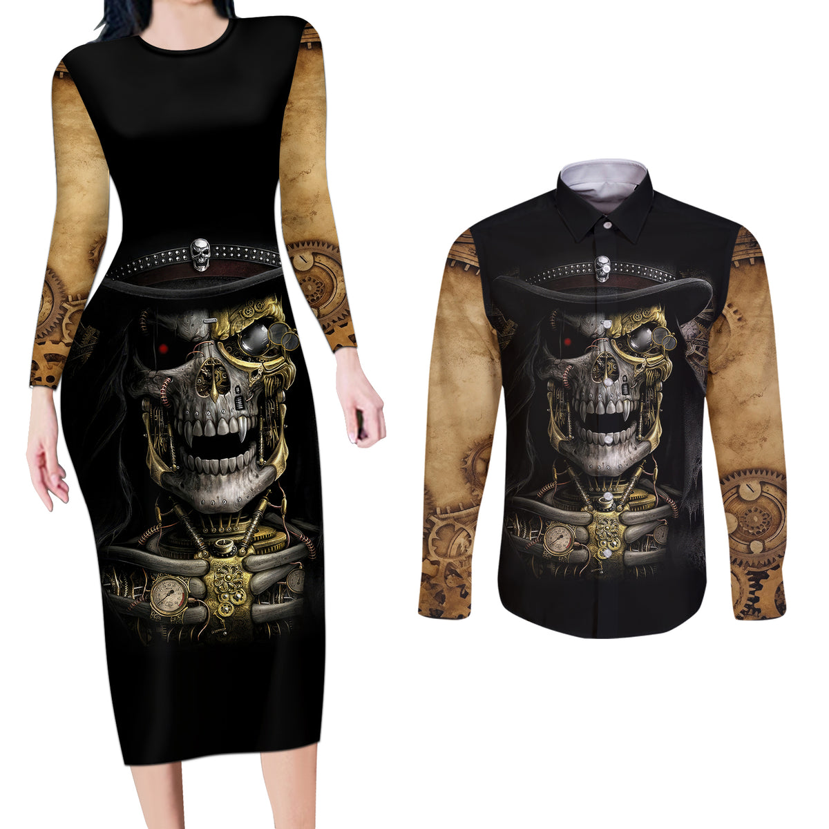 Skull Couples Matching Long Sleeve Bodycon Dress and Long Sleeve Button Shirts Golden Skull Steampunk - Wonder Print Shop