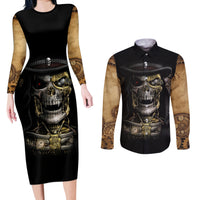 Skull Couples Matching Long Sleeve Bodycon Dress and Long Sleeve Button Shirts Golden Skull Steampunk - Wonder Print Shop