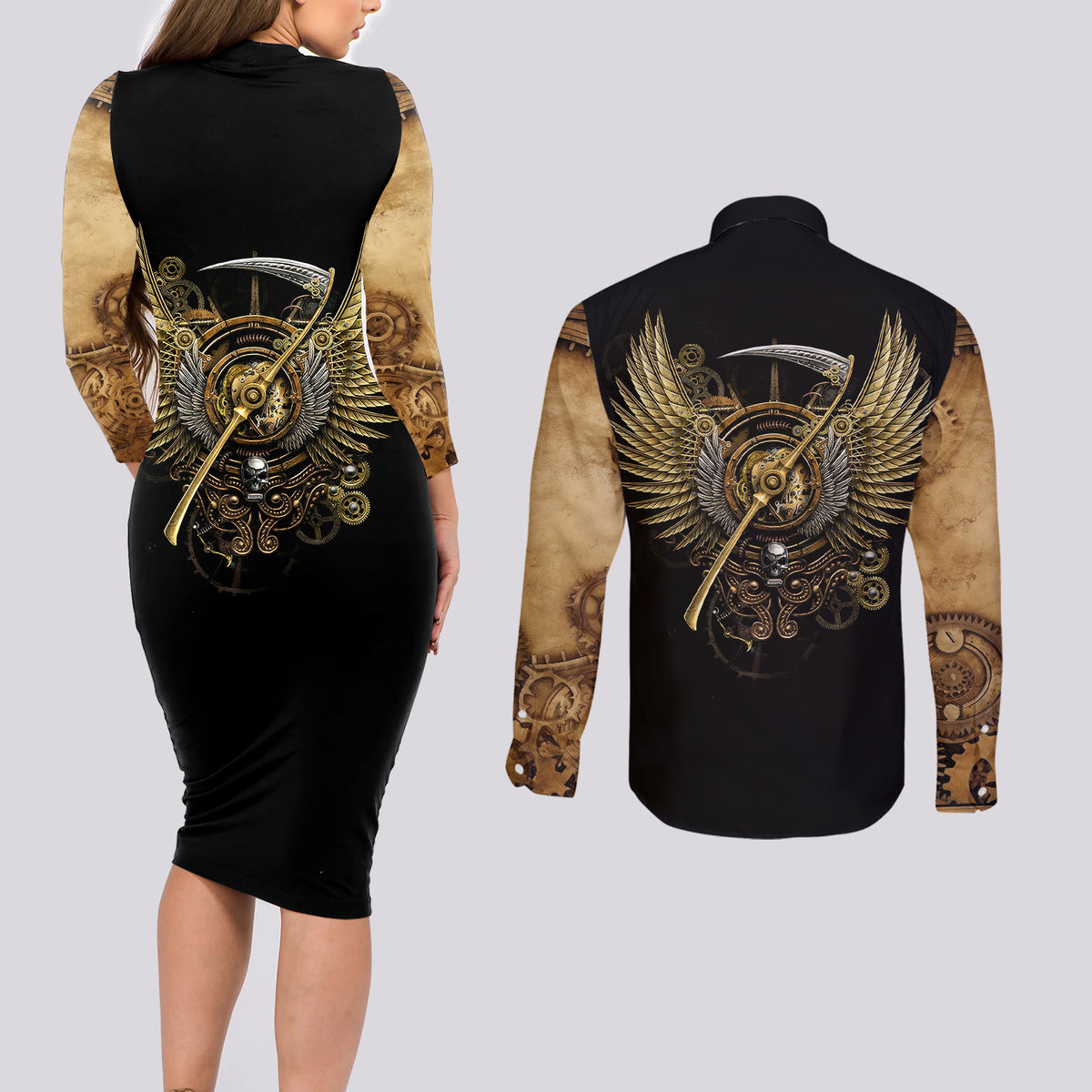 Skull Couples Matching Long Sleeve Bodycon Dress and Long Sleeve Button Shirts Golden Skull Steampunk - Wonder Print Shop