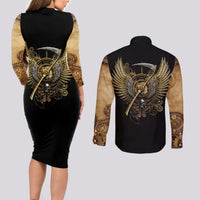 Skull Couples Matching Long Sleeve Bodycon Dress and Long Sleeve Button Shirts Golden Skull Steampunk - Wonder Print Shop