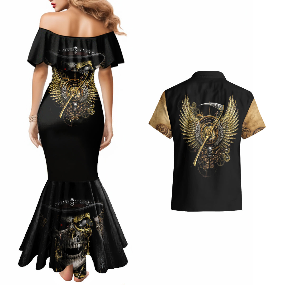 Skull Couples Matching Mermaid Dress And Hawaiian Shirt Golden Skull Steampunk - Wonder Print Shop