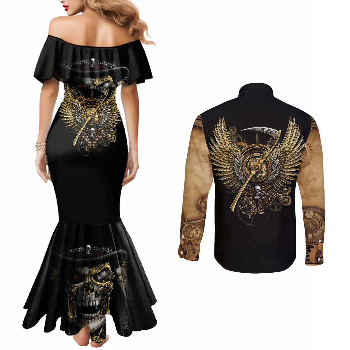 skull-couples-matching-mermaid-dress-and-long-sleeve-button-shirts-golden-skull-steampunk