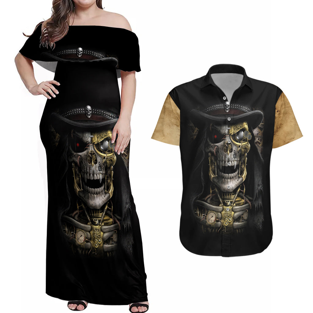 Skull Couples Matching Off Shoulder Maxi Dress and Hawaiian Shirt Golden Skull Steampunk - Wonder Print Shop