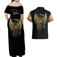 Skull Couples Matching Off Shoulder Maxi Dress and Hawaiian Shirt Golden Skull Steampunk - Wonder Print Shop