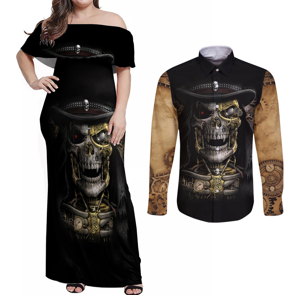 Skull Couples Matching Off Shoulder Maxi Dress and Long Sleeve Button Shirts Golden Skull Steampunk - Wonder Print Shop