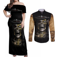 Skull Couples Matching Off Shoulder Maxi Dress and Long Sleeve Button Shirts Golden Skull Steampunk - Wonder Print Shop