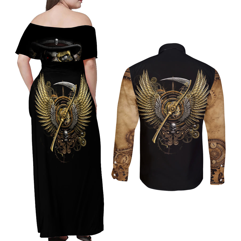 Skull Couples Matching Off Shoulder Maxi Dress and Long Sleeve Button Shirts Golden Skull Steampunk - Wonder Print Shop