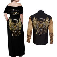 Skull Couples Matching Off Shoulder Maxi Dress and Long Sleeve Button Shirts Golden Skull Steampunk - Wonder Print Shop