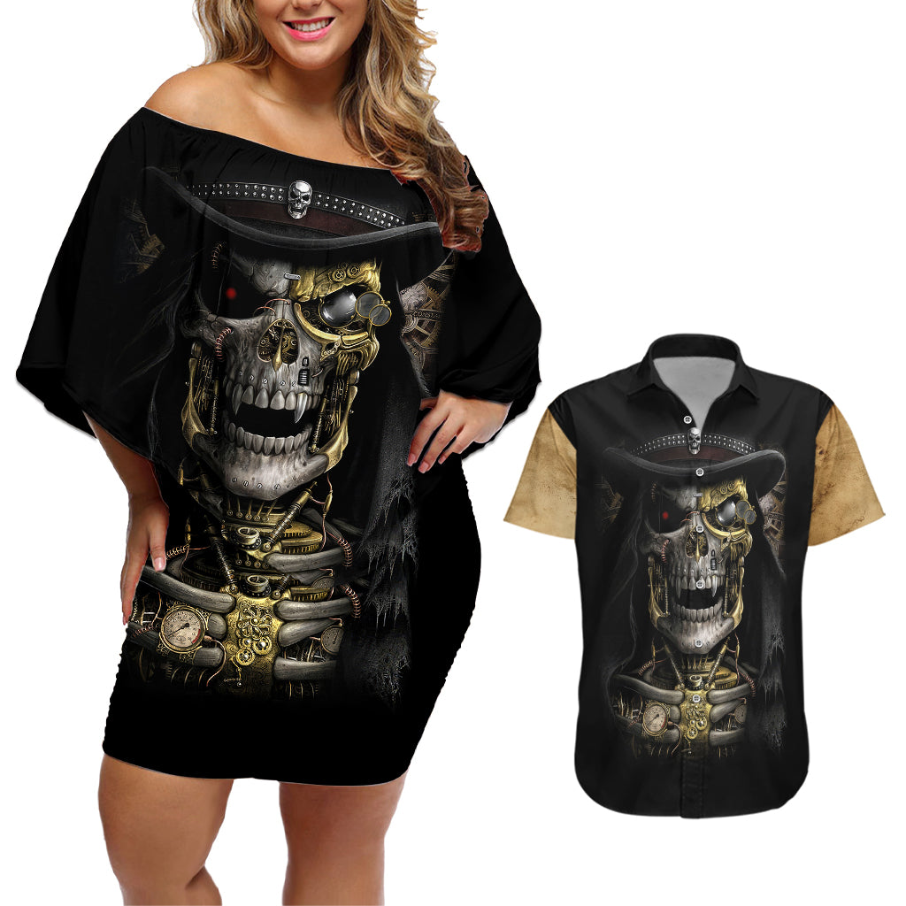 Skull Couples Matching Off Shoulder Short Dress and Hawaiian Shirt Golden Skull Steampunk - Wonder Print Shop