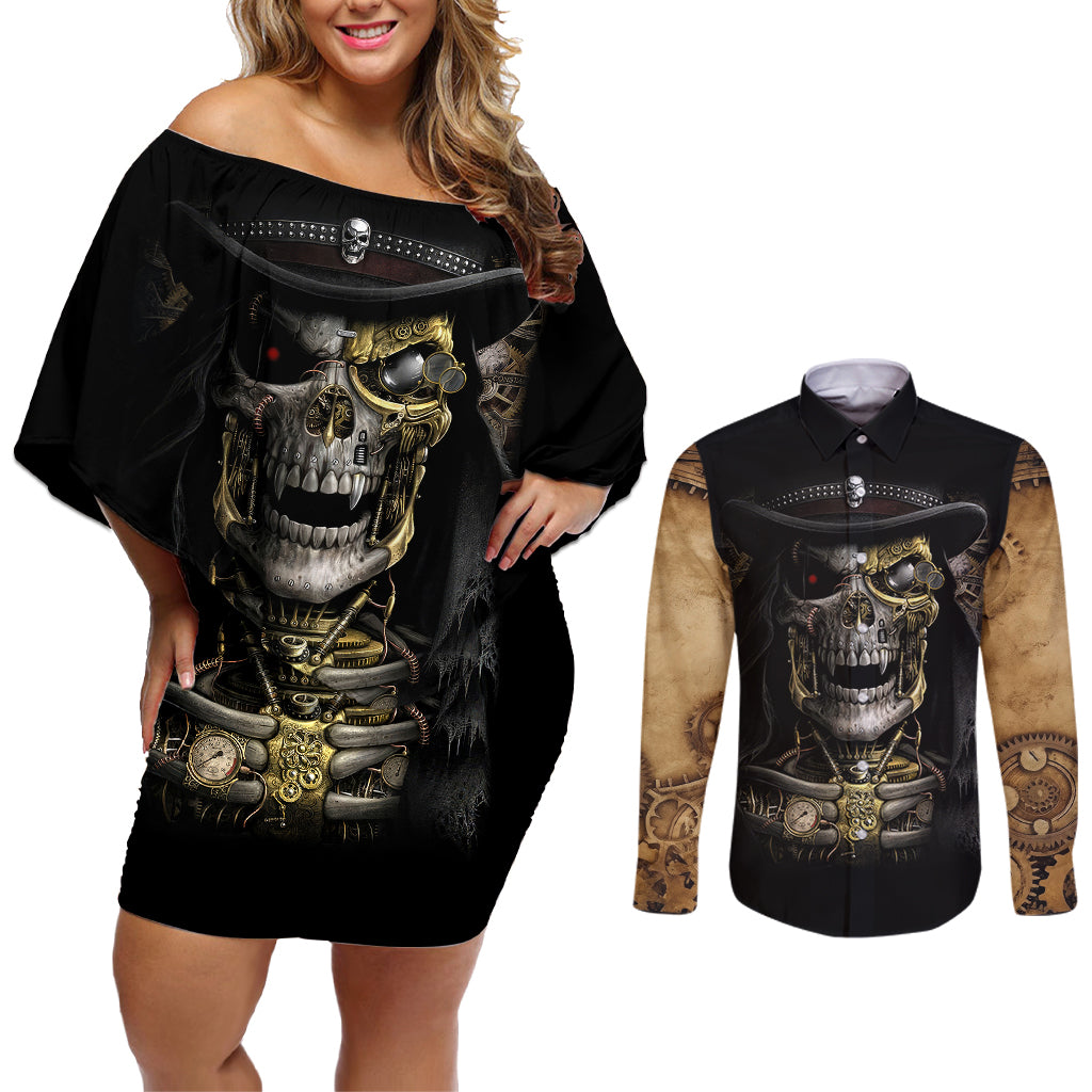 Skull Couples Matching Off Shoulder Short Dress and Long Sleeve Button Shirts Golden Skull Steampunk - Wonder Print Shop