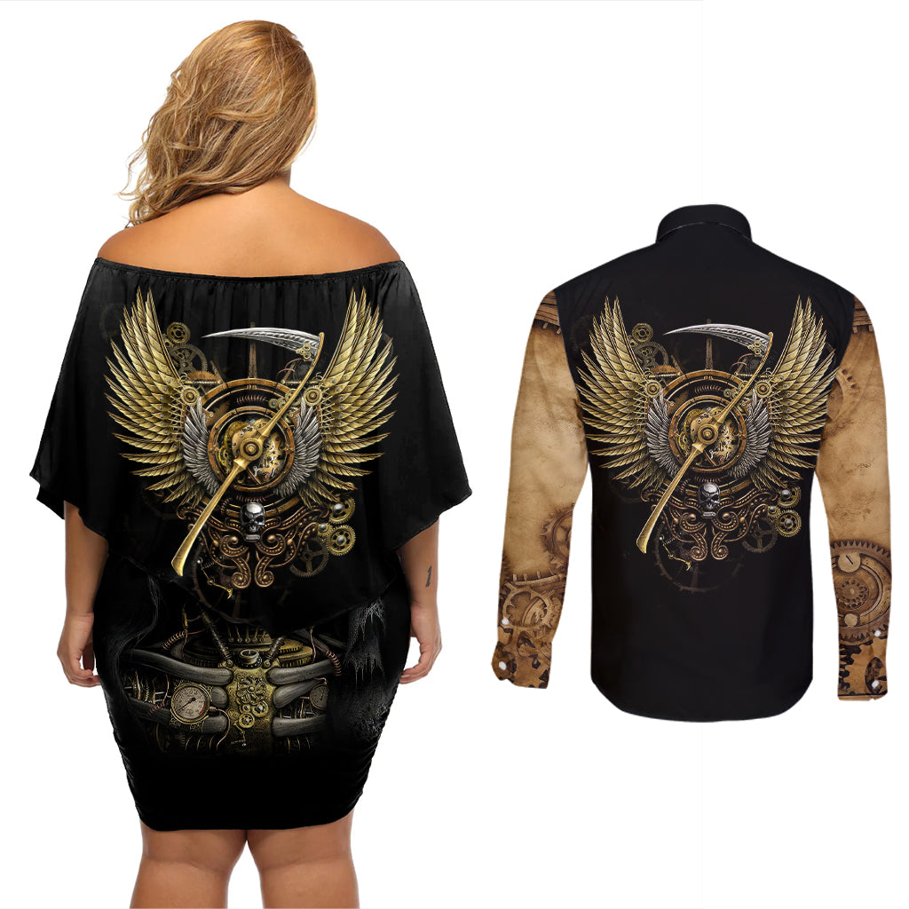 Skull Couples Matching Off Shoulder Short Dress and Long Sleeve Button Shirts Golden Skull Steampunk - Wonder Print Shop