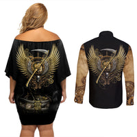 Skull Couples Matching Off Shoulder Short Dress and Long Sleeve Button Shirts Golden Skull Steampunk - Wonder Print Shop