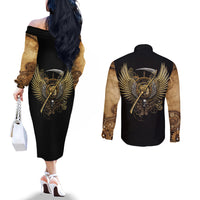 skull-couples-matching-off-the-shoulder-long-sleeve-dress-and-long-sleeve-button-shirts-golden-skull-steampunk