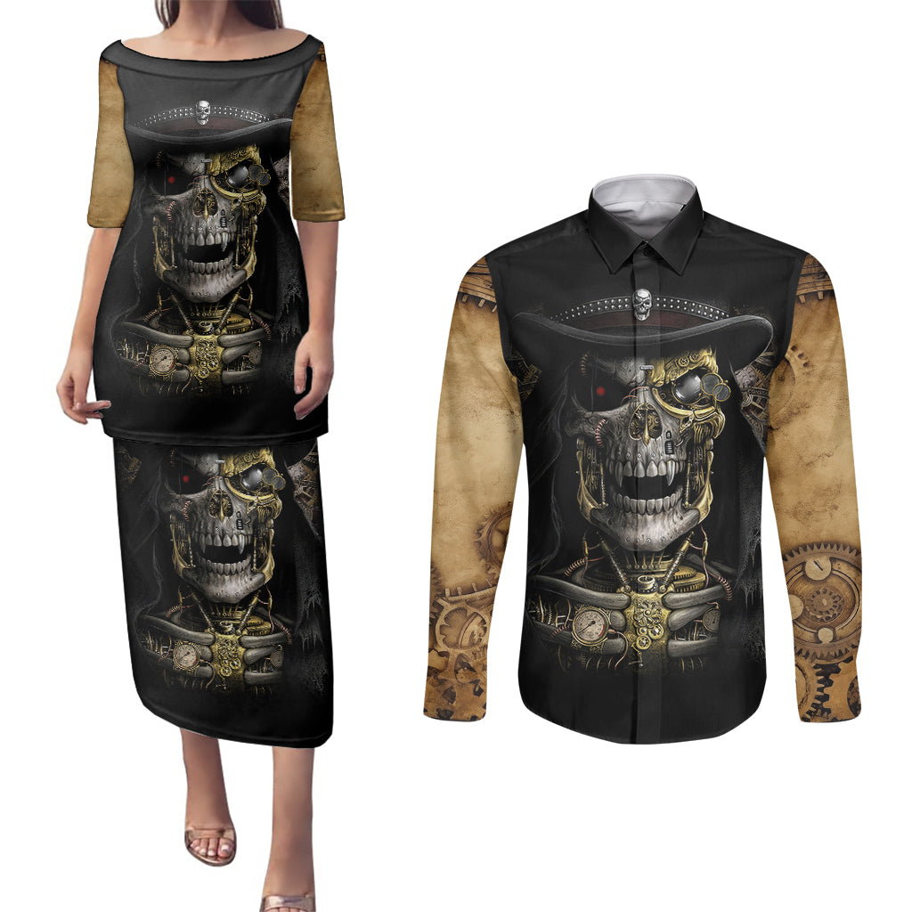 Skull Couples Matching Puletasi Dress and Long Sleeve Button Shirts Golden Skull Steampunk - Wonder Print Shop