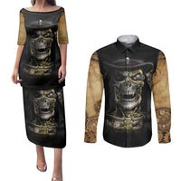 Skull Couples Matching Puletasi Dress and Long Sleeve Button Shirts Golden Skull Steampunk - Wonder Print Shop