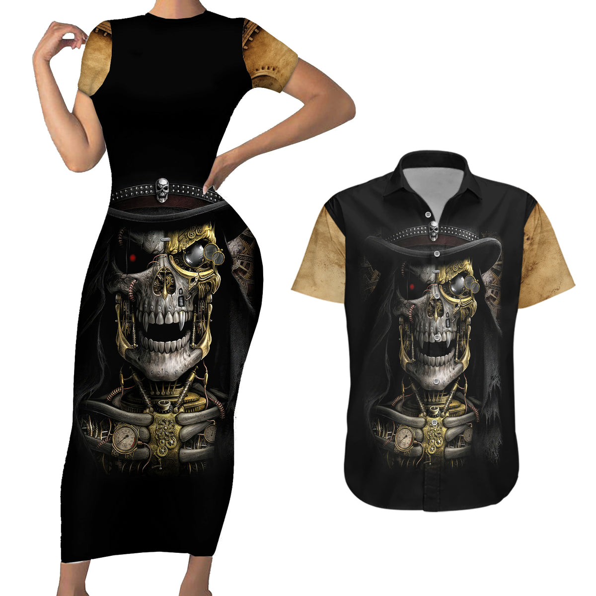 Skull Couples Matching Short Sleeve Bodycon Dress and Hawaiian Shirt Golden Skull Steampunk - Wonder Print Shop