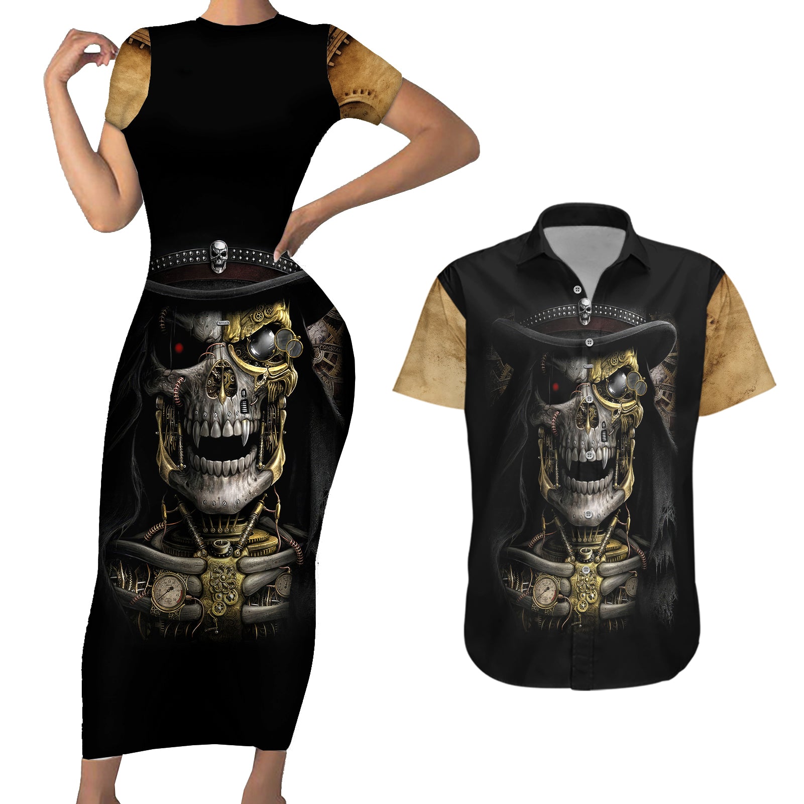 Skull Couples Matching Short Sleeve Bodycon Dress and Hawaiian Shirt Golden Skull Steampunk - Wonder Print Shop