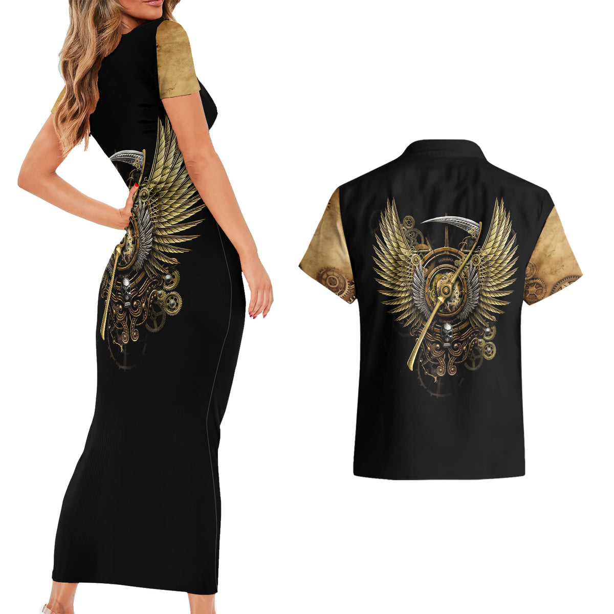Skull Couples Matching Short Sleeve Bodycon Dress and Hawaiian Shirt Golden Skull Steampunk - Wonder Print Shop