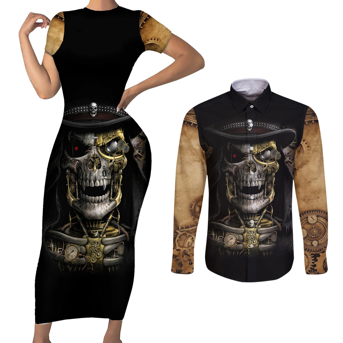 Skull Couples Matching Short Sleeve Bodycon Dress and Long Sleeve Button Shirts Golden Skull Steampunk - Wonder Print Shop