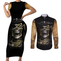Skull Couples Matching Short Sleeve Bodycon Dress and Long Sleeve Button Shirts Golden Skull Steampunk - Wonder Print Shop
