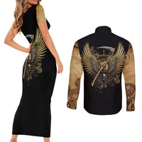 Skull Couples Matching Short Sleeve Bodycon Dress and Long Sleeve Button Shirts Golden Skull Steampunk - Wonder Print Shop