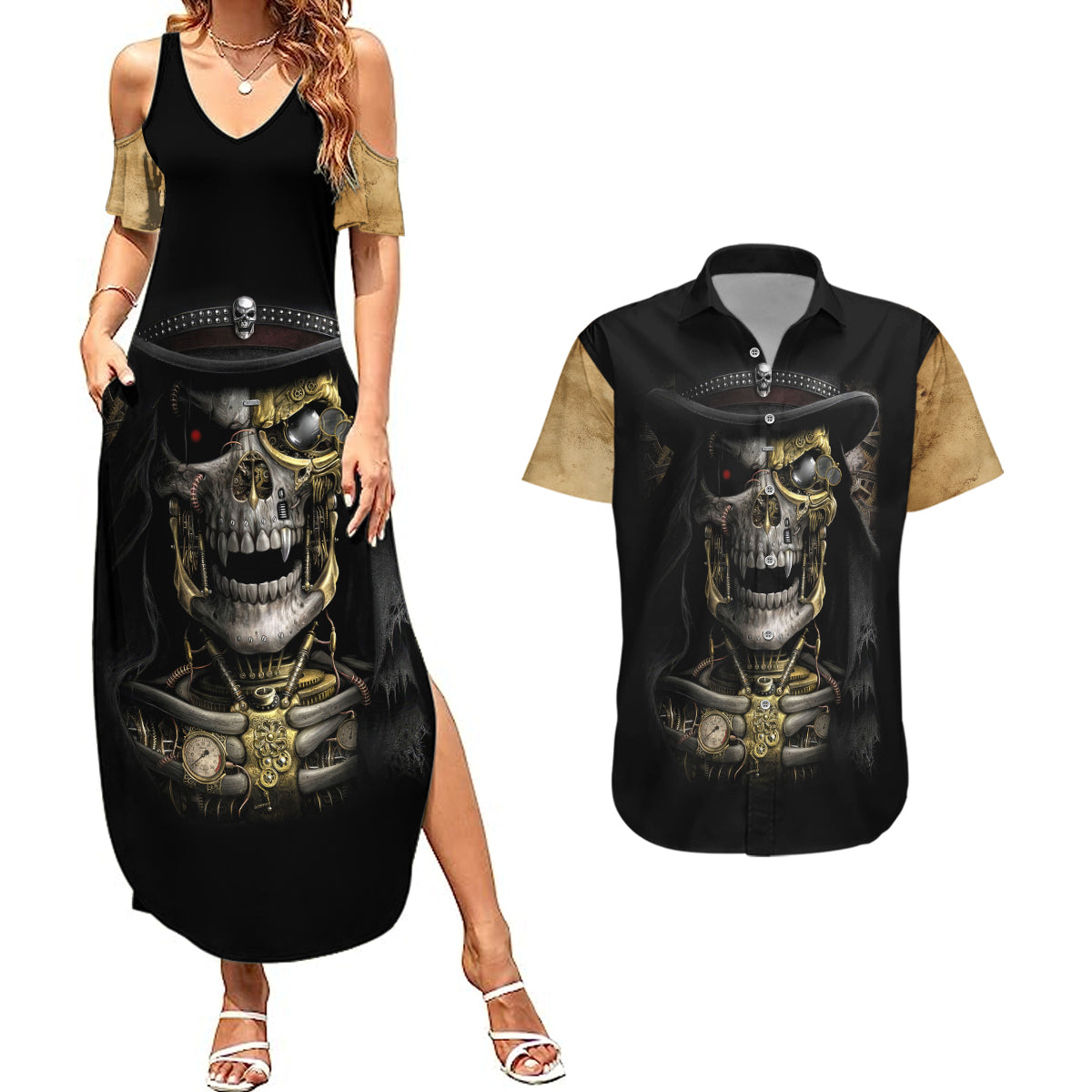 Skull Couples Matching Summer Maxi Dress and Hawaiian Shirt Golden Skull Steampunk - Wonder Print Shop