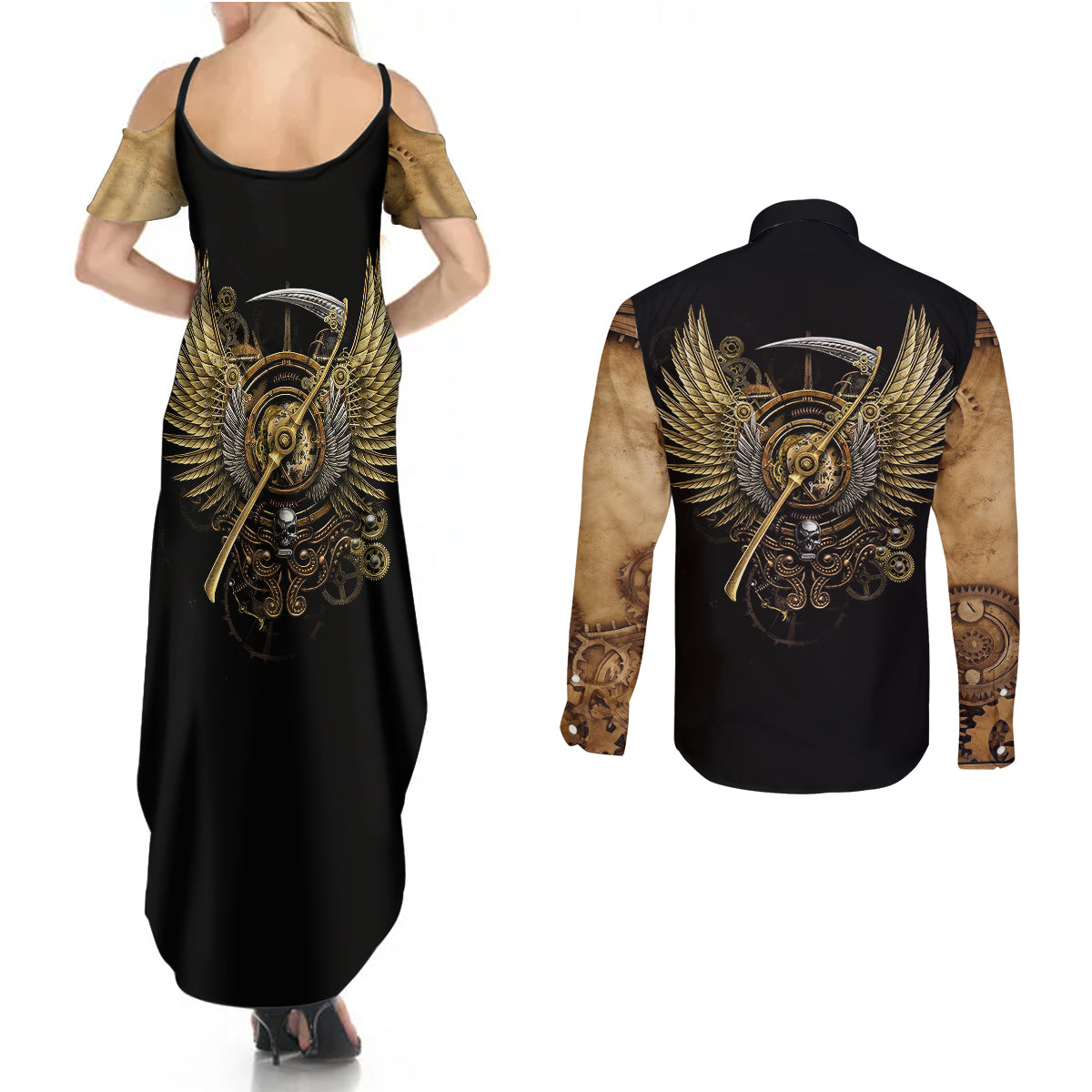 Skull Couples Matching Summer Maxi Dress and Long Sleeve Button Shirts Golden Skull Steampunk - Wonder Print Shop