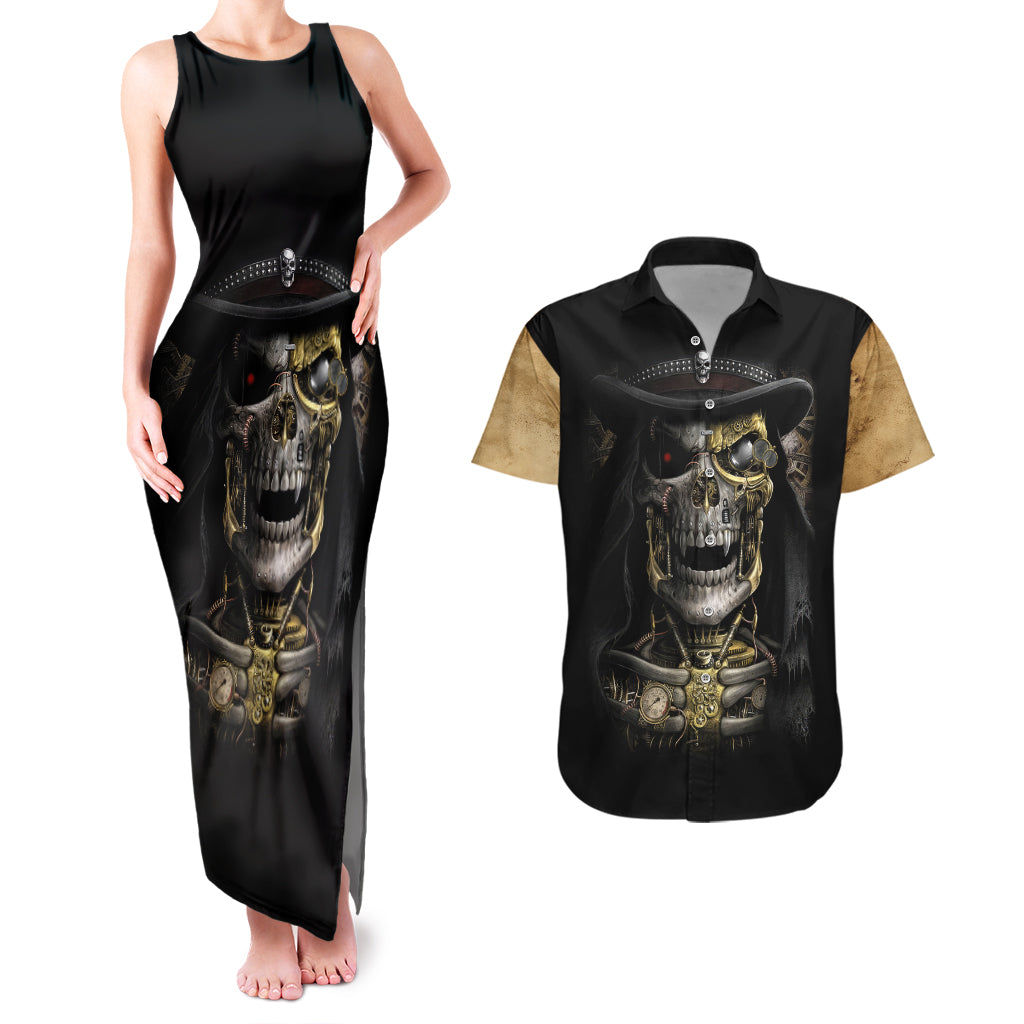 Skull Couples Matching Tank Maxi Dress And Hawaiian Shirt Golden Skull Steampunk - Wonder Print Shop