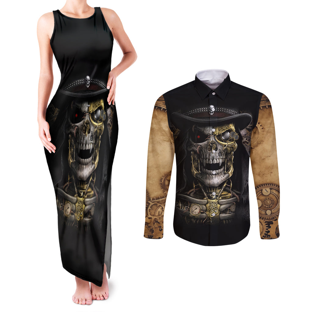 Skull Couples Matching Tank Maxi Dress and Long Sleeve Button Shirts Golden Skull Steampunk - Wonder Print Shop