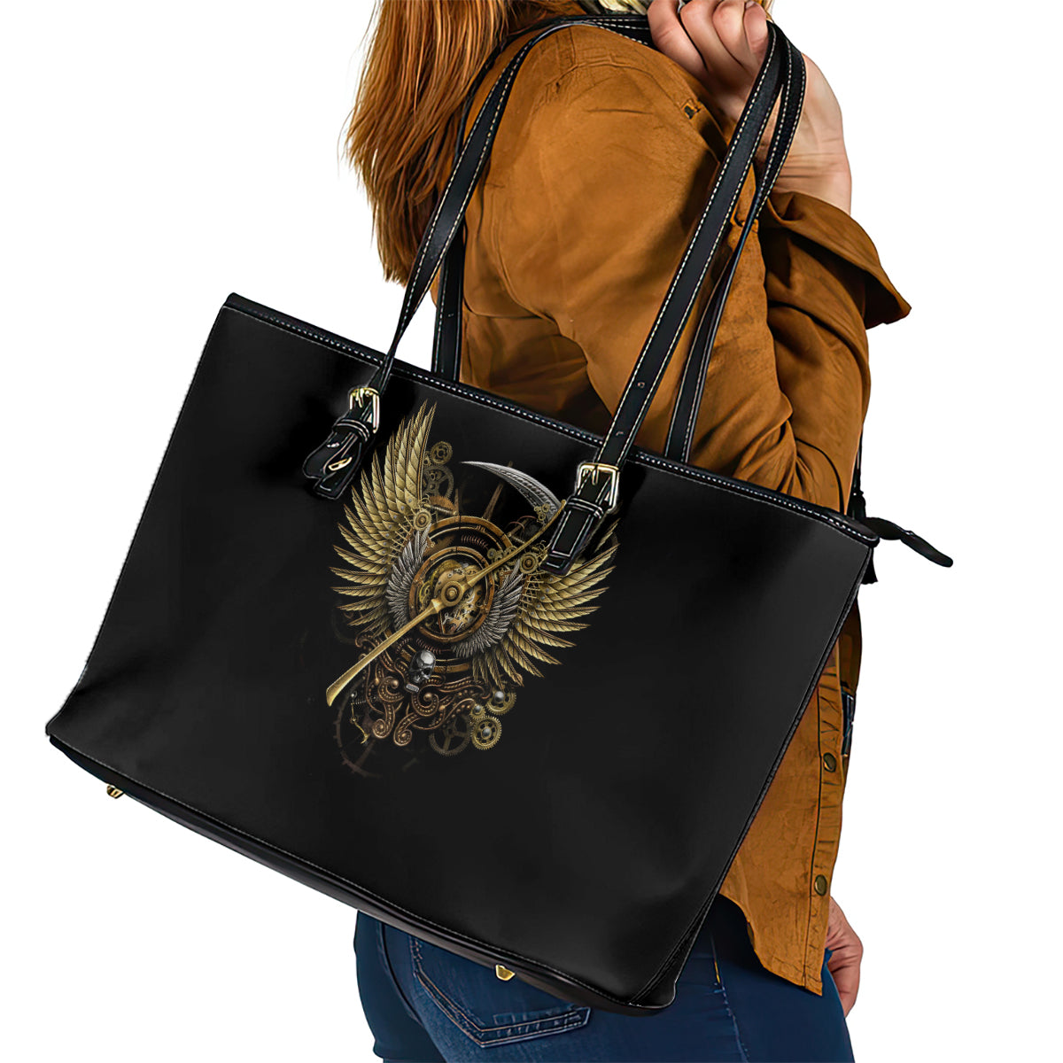 Skull Leather Tote Bag Golden Skull Steampunk - Wonder Print Shop