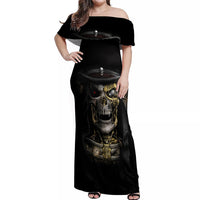 Skull Off Shoulder Maxi Dress Golden Skull Steampunk - Wonder Print Shop