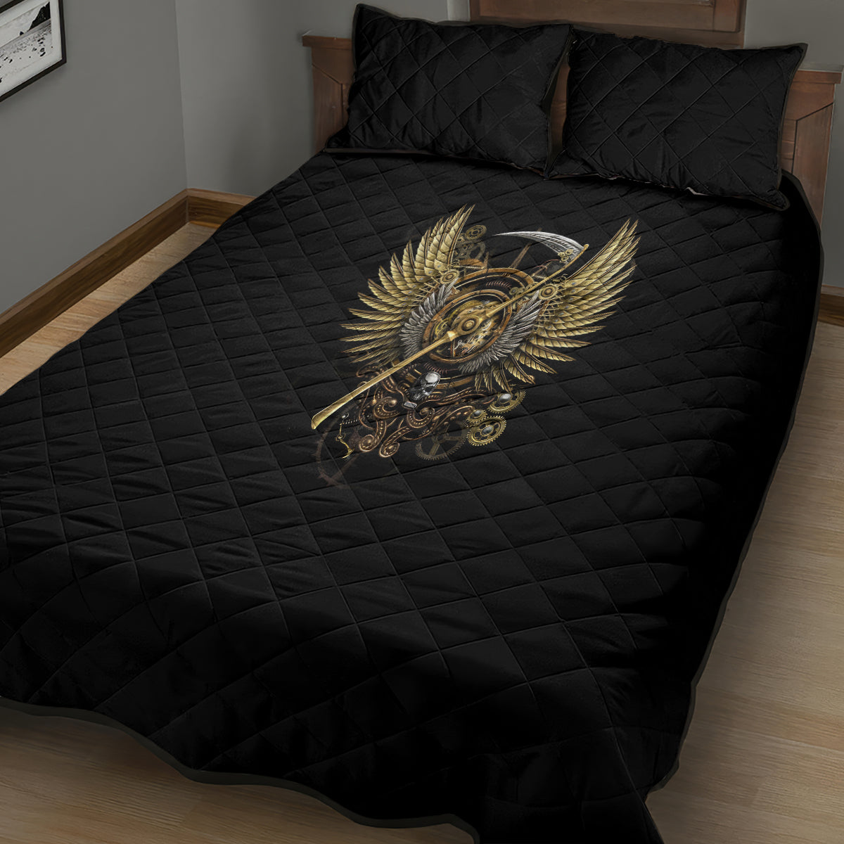 Skull Quilt Bed Set Golden Skull Steampunk - Wonder Print Shop