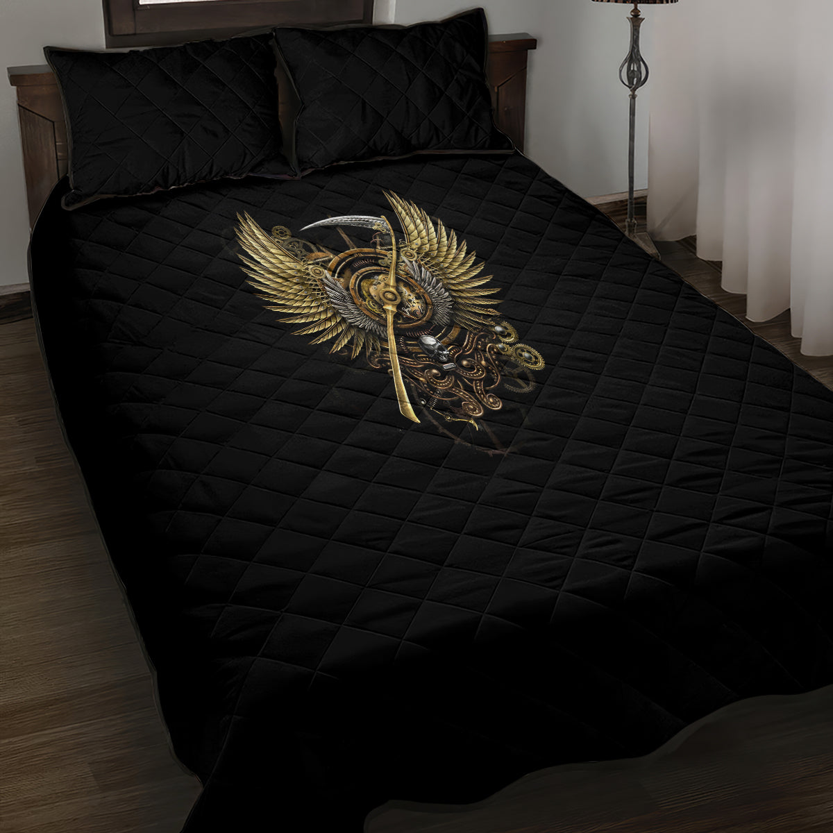Skull Quilt Bed Set Golden Skull Steampunk - Wonder Print Shop