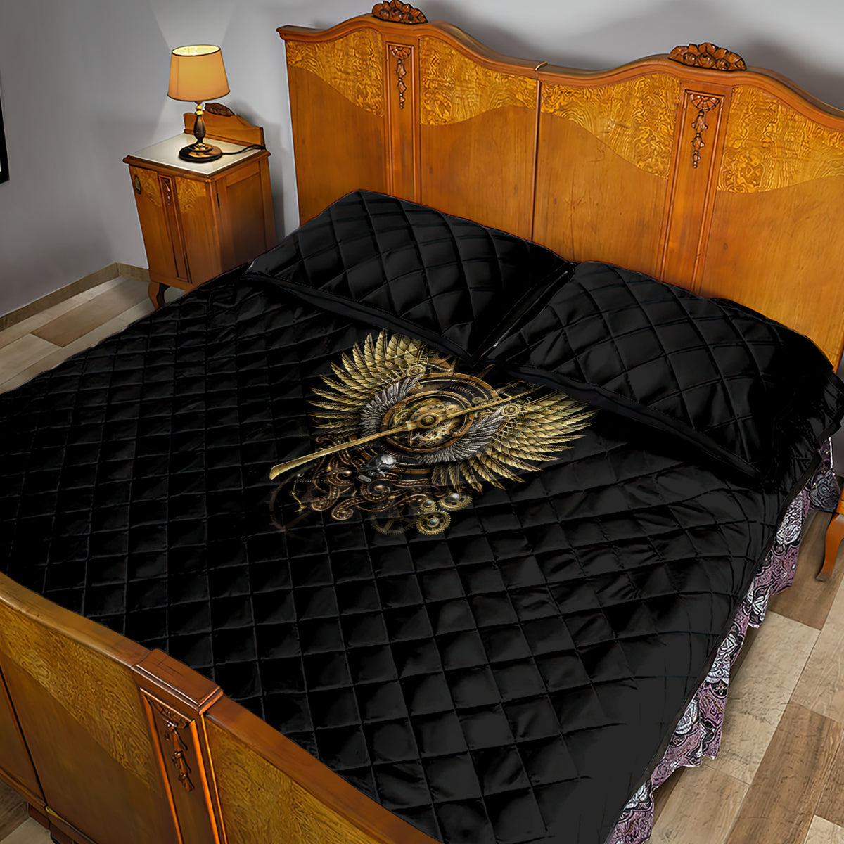 Skull Quilt Bed Set Golden Skull Steampunk - Wonder Print Shop