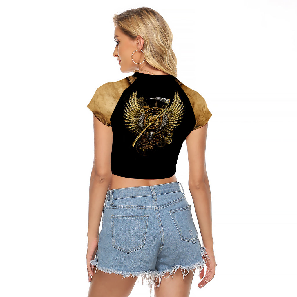 Skull Raglan Cropped T Shirt Golden Skull Steampunk - Wonder Print Shop