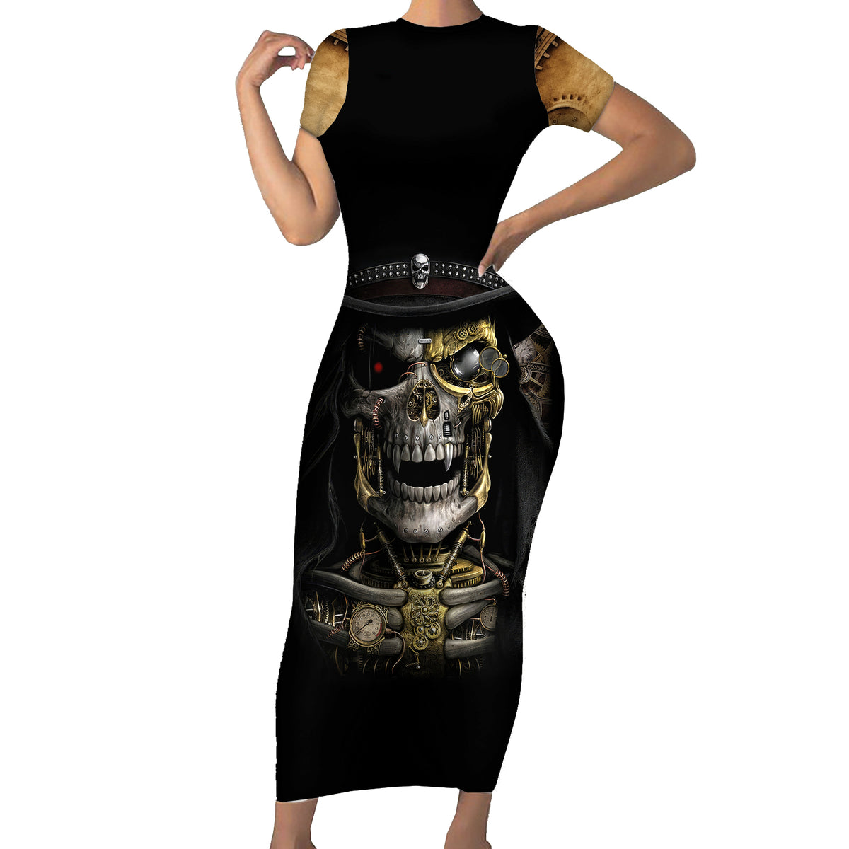 Skull Short Sleeve Bodycon Dress Golden Skull Steampunk - Wonder Print Shop