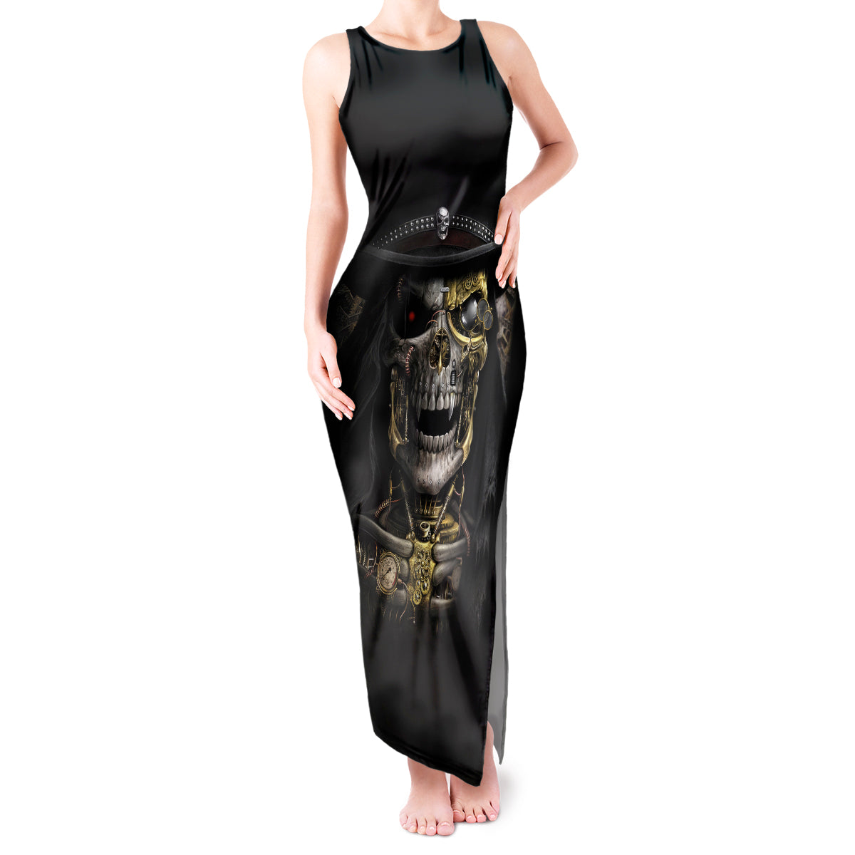 Skull Tank Maxi Dress Golden Skull Steampunk - Wonder Print Shop