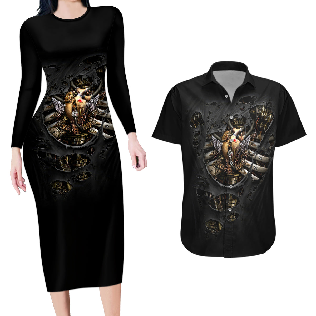 Skull Couples Matching Long Sleeve Bodycon Dress and Hawaiian Shirt Skeleton Steampunk Heart Inside - Wonder Print Shop