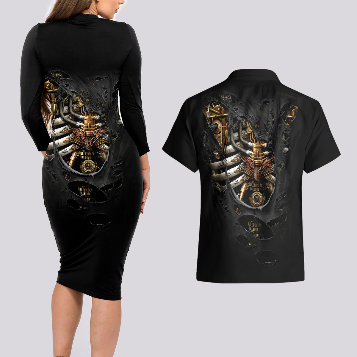 Skull Couples Matching Long Sleeve Bodycon Dress and Hawaiian Shirt Skeleton Steampunk Heart Inside - Wonder Print Shop