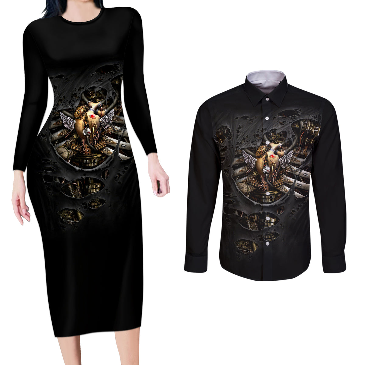 Skull Couples Matching Long Sleeve Bodycon Dress and Long Sleeve Button Shirts Skeleton Steampunk Heart Inside - Wonder Print Shop