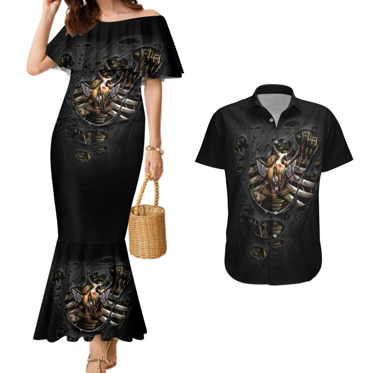 Skull Couples Matching Mermaid Dress And Hawaiian Shirt Skeleton Steampunk Heart Inside - Wonder Print Shop