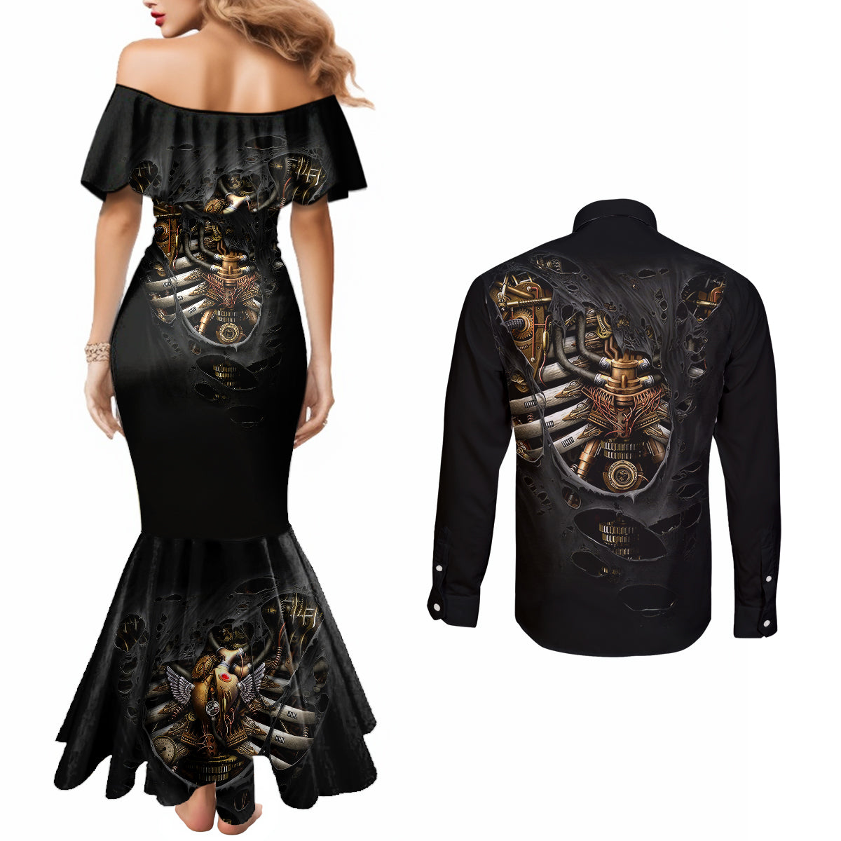 skull-couples-matching-mermaid-dress-and-long-sleeve-button-shirts-skeleton-steampunk-heart-inside