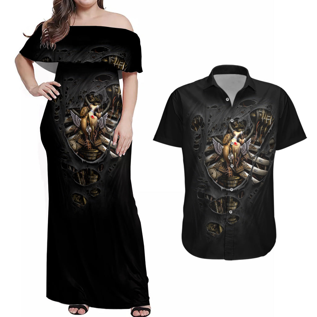 Skull Couples Matching Off Shoulder Maxi Dress and Hawaiian Shirt Skeleton Steampunk Heart Inside - Wonder Print Shop