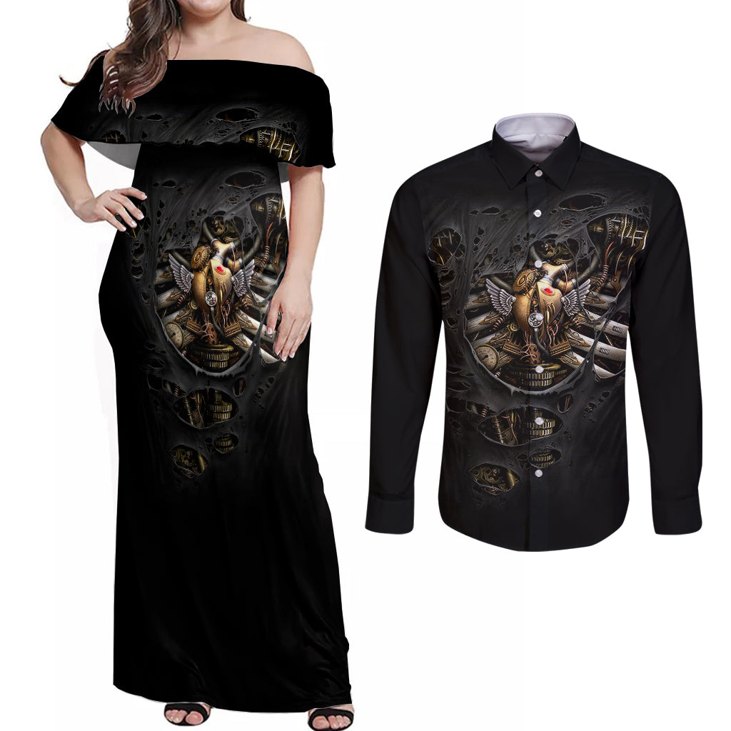 Skull Couples Matching Off Shoulder Maxi Dress and Long Sleeve Button Shirts Skeleton Steampunk Heart Inside - Wonder Print Shop