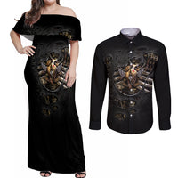 Skull Couples Matching Off Shoulder Maxi Dress and Long Sleeve Button Shirts Skeleton Steampunk Heart Inside - Wonder Print Shop