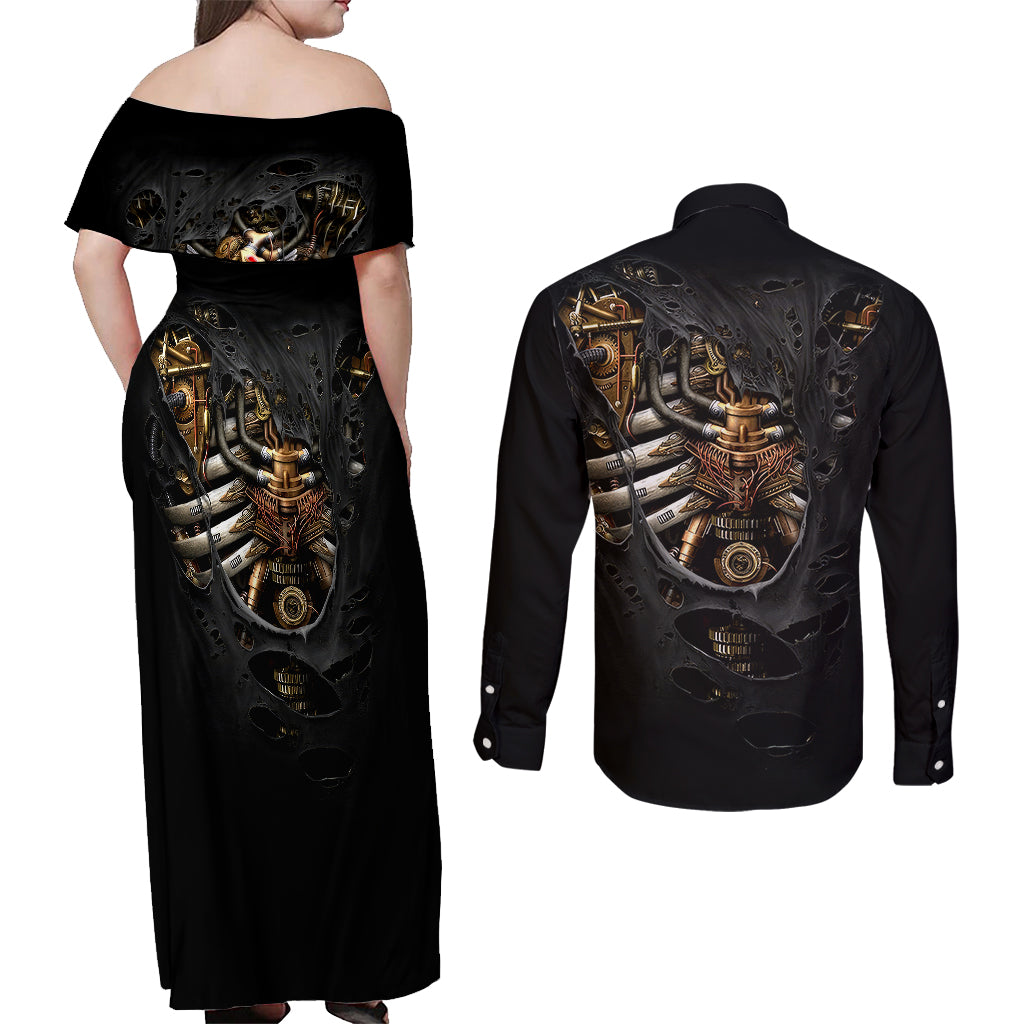 Skull Couples Matching Off Shoulder Maxi Dress and Long Sleeve Button Shirts Skeleton Steampunk Heart Inside - Wonder Print Shop