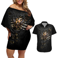 Skull Couples Matching Off Shoulder Short Dress and Hawaiian Shirt Skeleton Steampunk Heart Inside - Wonder Print Shop