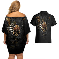 Skull Couples Matching Off Shoulder Short Dress and Hawaiian Shirt Skeleton Steampunk Heart Inside - Wonder Print Shop